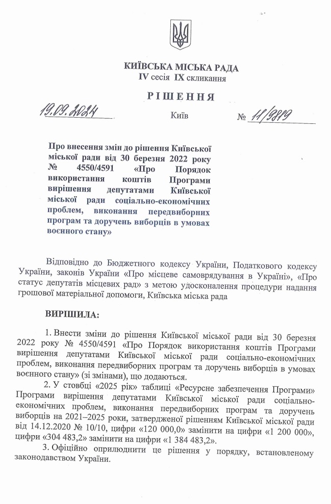 Рішення Київської міської ради від 19.09.2024 № 11/9819 Про внесення змін до рішення Київської міської ради від 30 березня 2022 року № 4550/4591 «Про Порядок використання коштів Програми вирішення депутатами Київської міської ради соціально-економічних проблем, виконання передвиборних програм та доручень виборців в умовах воєнного стану»