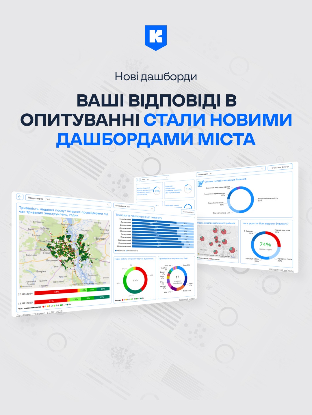 На сірому тлі зоражені діаграми. Зверху підпис: "Нові дашборди. Ваші відповіді в опитуванні стали новими дашбордами міста"