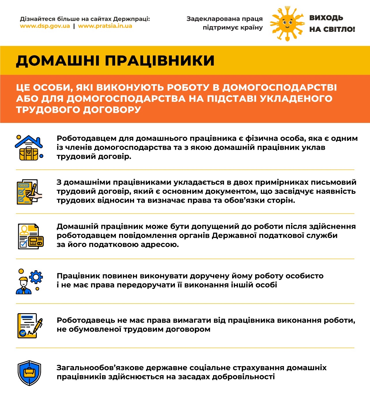 Інфографіка про домашніх працівників: трудовий договір укладають письмово у двох примірниках, працівника допускають до роботи після повідомлення податкової, він виконує роботу особисто. Роботодавець не може вимагати не передбачену договором роботу. Соціальне страхування – добровільне.