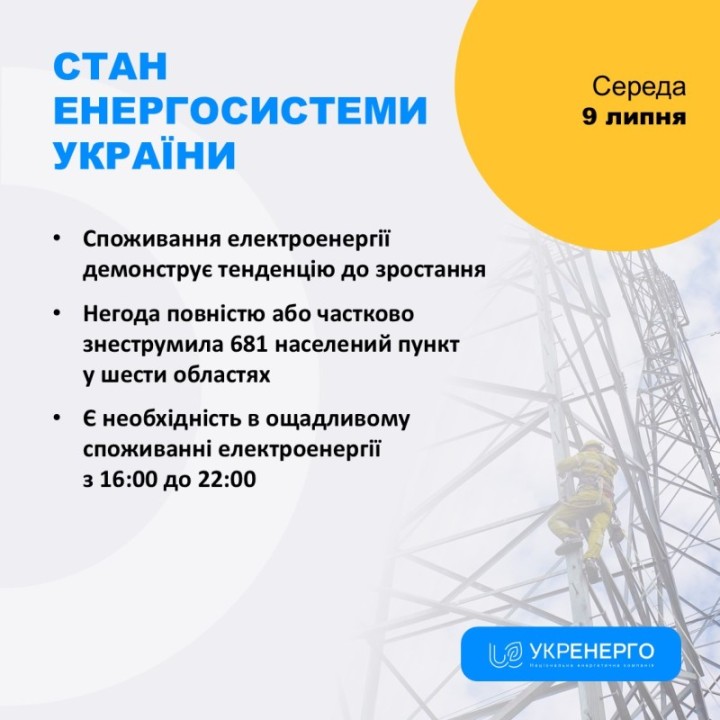 Разом до стабільності: 9 липня економимо електроенергію з 16:00 до 22:00