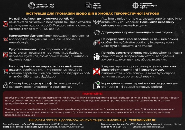 Інструкція для громадян щодо дій в умовах терористичної загрози