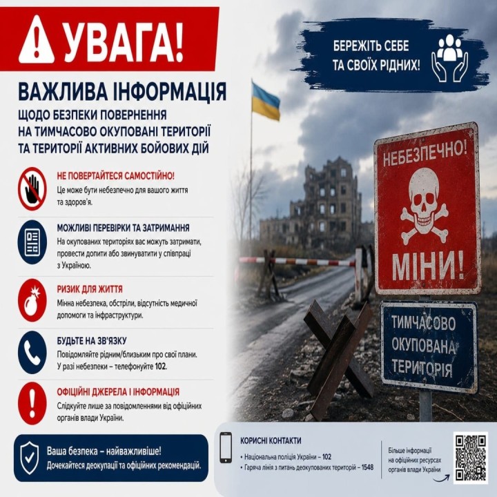 Важливо: Безпекові ризики та небезпека повернення на тимчасово окуповані території й території активних бойових дій