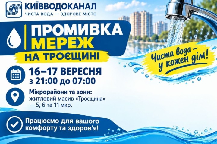 УВАГА! ПЛАНОВА ПРОМИВКА ВОДОПРОВІДНИХ МЕРЕЖ НА ТРОЄЩИНІ